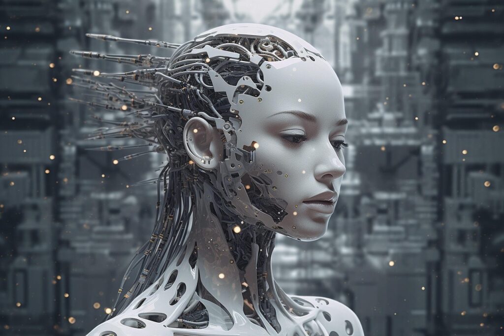 Humanoide Roboter und künstliche Intelligenz: ein Bild zur Beziehung zwischen Technologie und menschlicher Isolation.